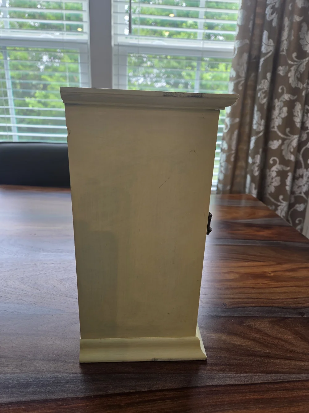Distressed Pale Yellow Wood Cabinet with Lattice Door - Home Storage